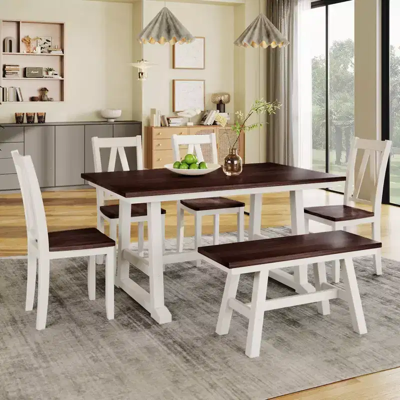 6-Piece Wood Kitchen Dining Table for 6-Person, Rectangle Kitchen Dining Table & 4 Side Chairs, Long Bench