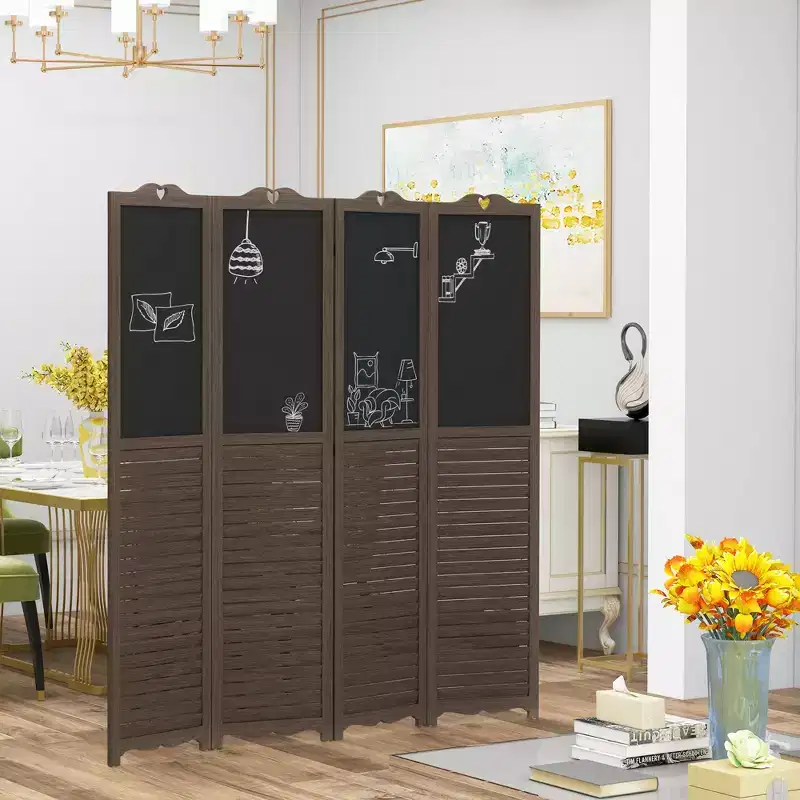 MAYEERTY 4 Panel Folding Room Divider with Blackboard Freestanding Privacy Screen Panels for Bedroom Office Walnut Brwon