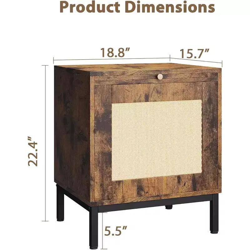 2Pcs Rattan End Table, Modern Farmhouse Nightstand with Storage Cabinet, Bedside Table, Rustic Couch Side Table for Living Room Bedroom, Brown+Black