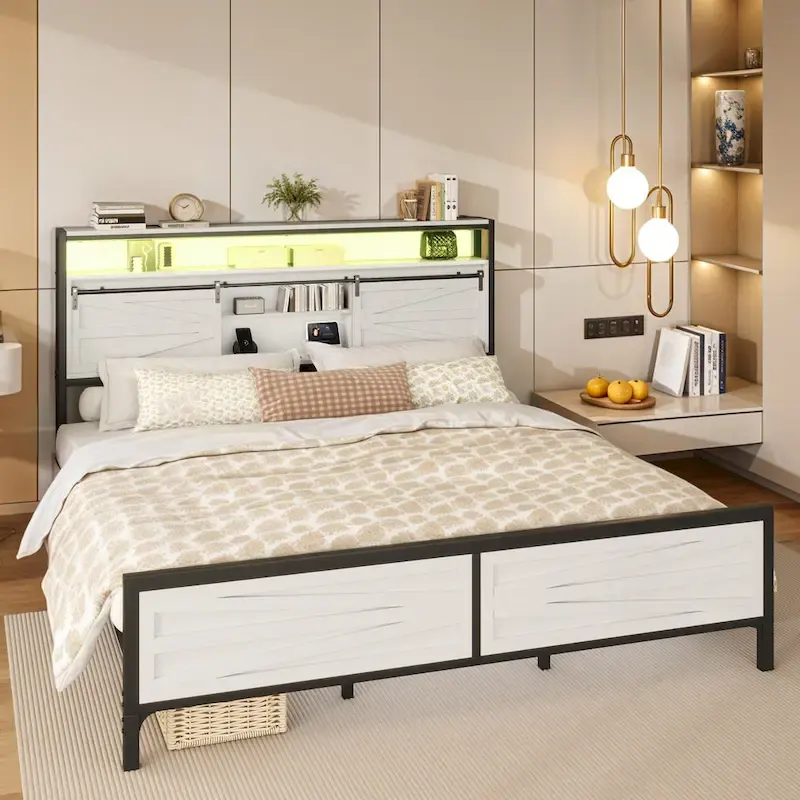 King Metal Platform Bed Frame – White, LED Lights, Headboard Storage, USB & Outlet Charging, Sleeps 1