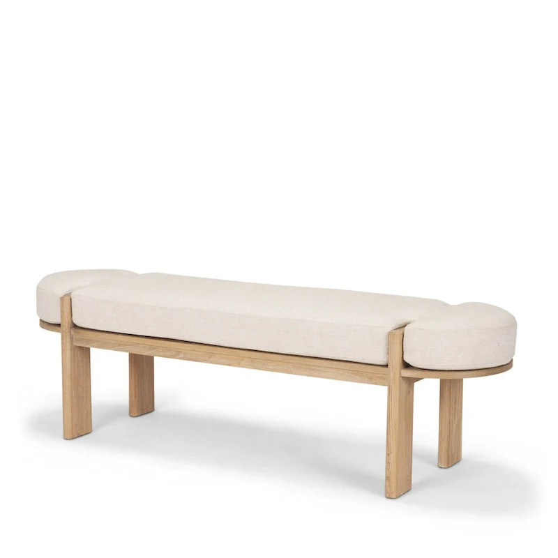 Solid Elm Wood Bench with Fabric Cushion – Oatmeal / Light Brown, 1-Person Seating