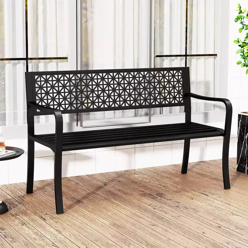Costway 50 Garden Bench with Patterned Backrest and Curved Armrests for Porch Lawn