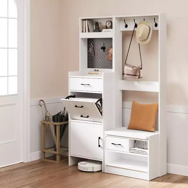 7-in-1 Hall Tree with Hidden Shoe Storage, Entryway Bench with Coat Rack and Pegboard, Coat Rack with Bench Mudroom Storage