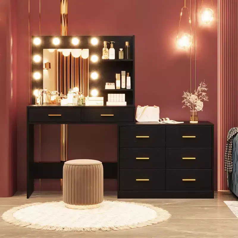 61 Inch Makeup Vanity Desk with Mirror and Lights, Vanity Table with 8 Drawers, 3 Color Modes Dimmable Lights, Shelves for Bedroom