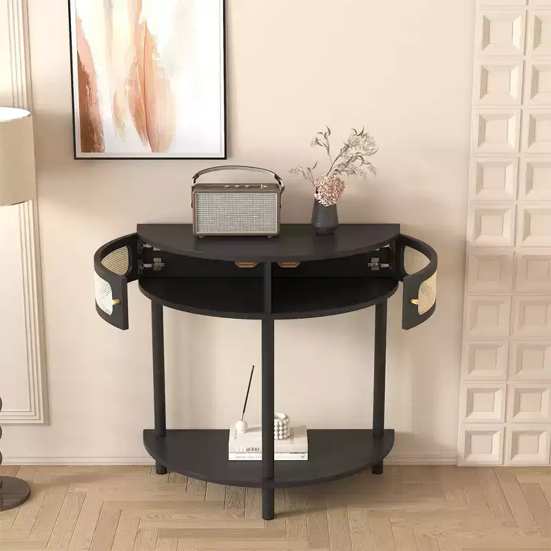 Half Moon End Table with Sliding Rattan Door, Semi-circle Entryway Console Table with Bottom Shelf for Living room Bedroom Study Hallway, Black