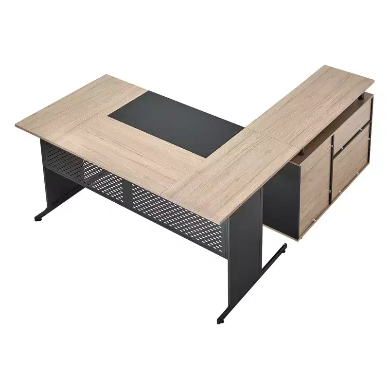 L-Shaped Executive Desk with Lockable Drawers & Storage Cabinet – 350 lb Capacity, Black & Brown