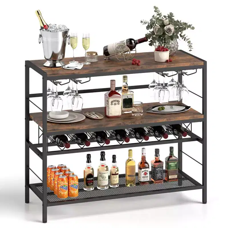 Costway 41 Wine Rack with 4 Glass Holders Wide Countertop Middle & Bottom Storage Shelves