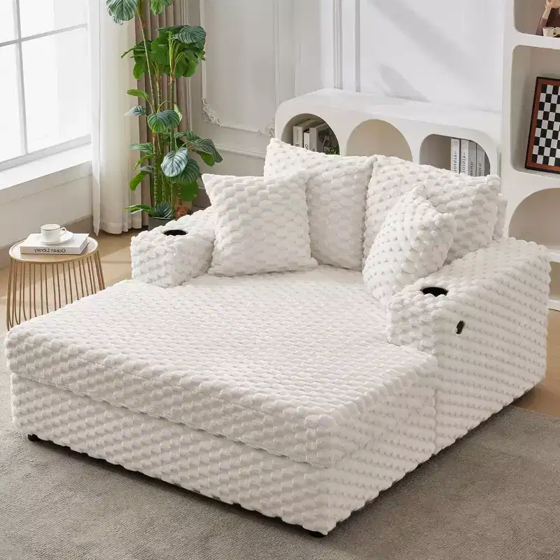 Beige / Gray Chenille Chaise Lounge Sofa Bed – Seats 2