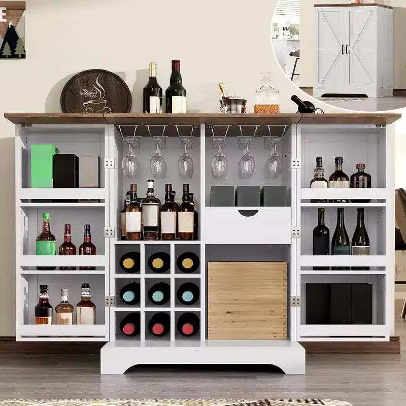 Farmhouse Bar Cabinet with Foldable Top, 9-Bottle Wine Rack and Multiple Storage, Rustic White