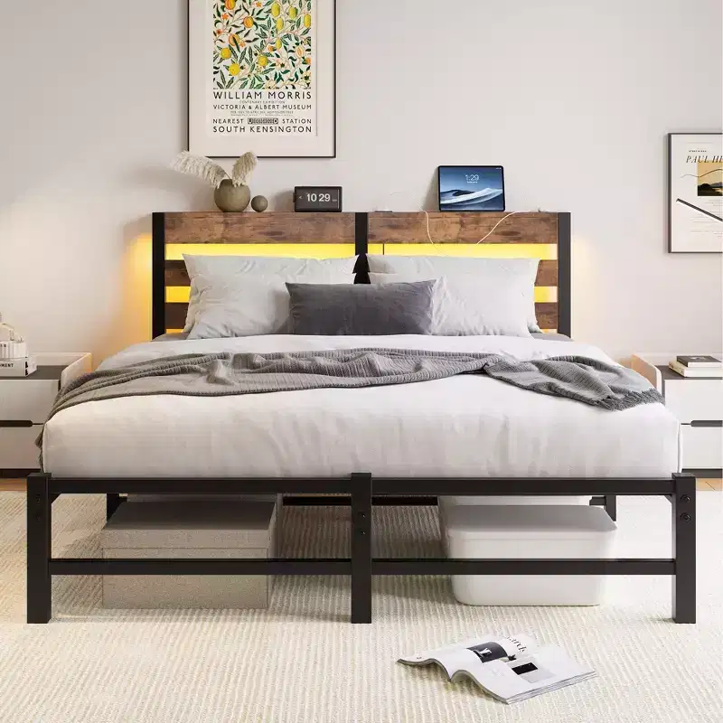 MAYEERTY Queen Bed Frame Metal Wooden Headboard Charger Shelf Quiet No Box Spring Rustic Brown
