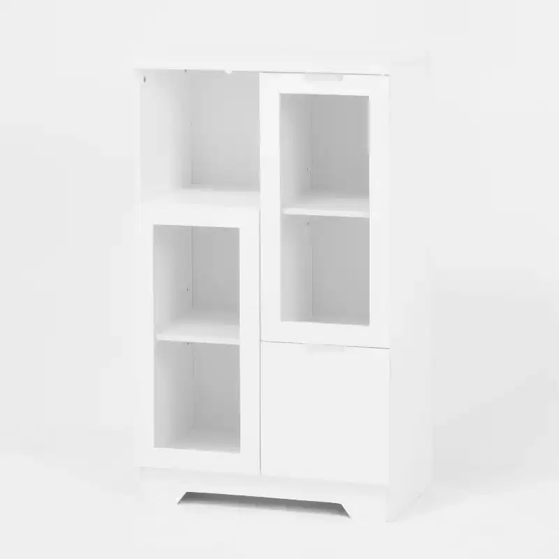Homy Casa Decorative Storage Cabinet with Glass Doors and Open Shelves for Kitchen or Living Room, White