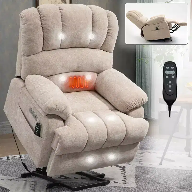 CLIHOME 23 Seat Width and High Back Large Size Chenille Power Lift Recliner Chair with 8-Point Vibration Massage and Lumbar Heating