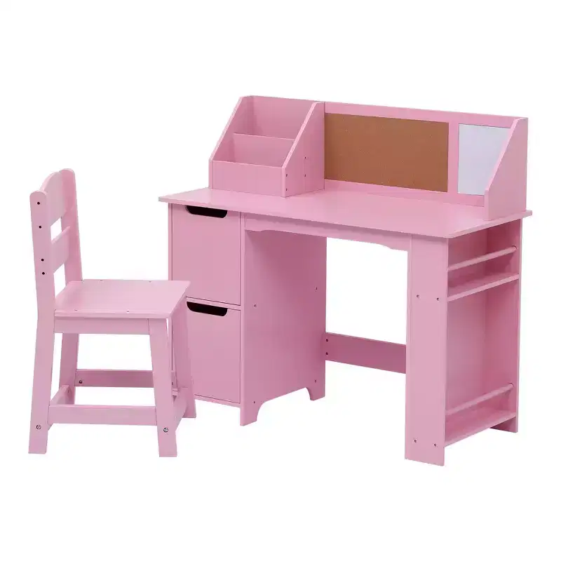 Kids Desk & Chair Set  Wooden Study Table with Storage Hutch & Bulletin Board for Home/School