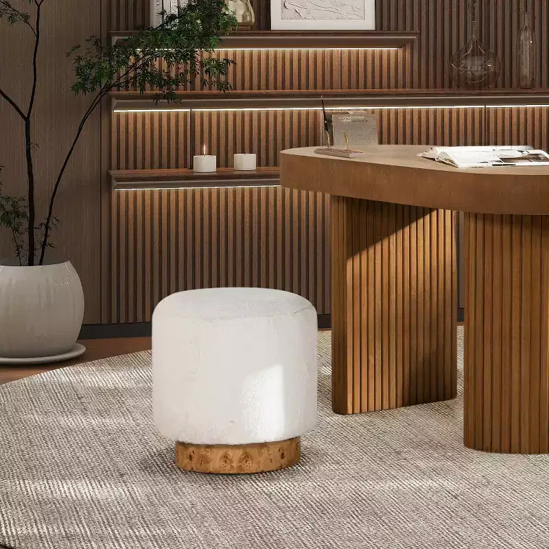 Round Fur Upholstered & Burl Pouf Ottoman – White Faux Fur