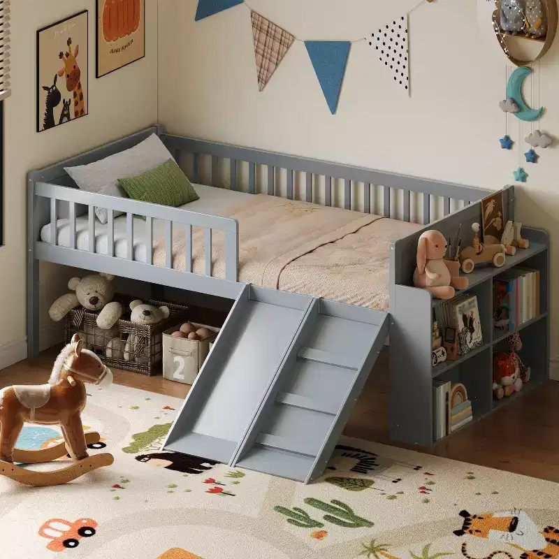 Bellemave Twin Bed Frame with Storage Shelf, Wooden Platform Bed with Slide & Ladder, Guardrail, No Box Spring Needed, Easy Assembly, Multiple Colors