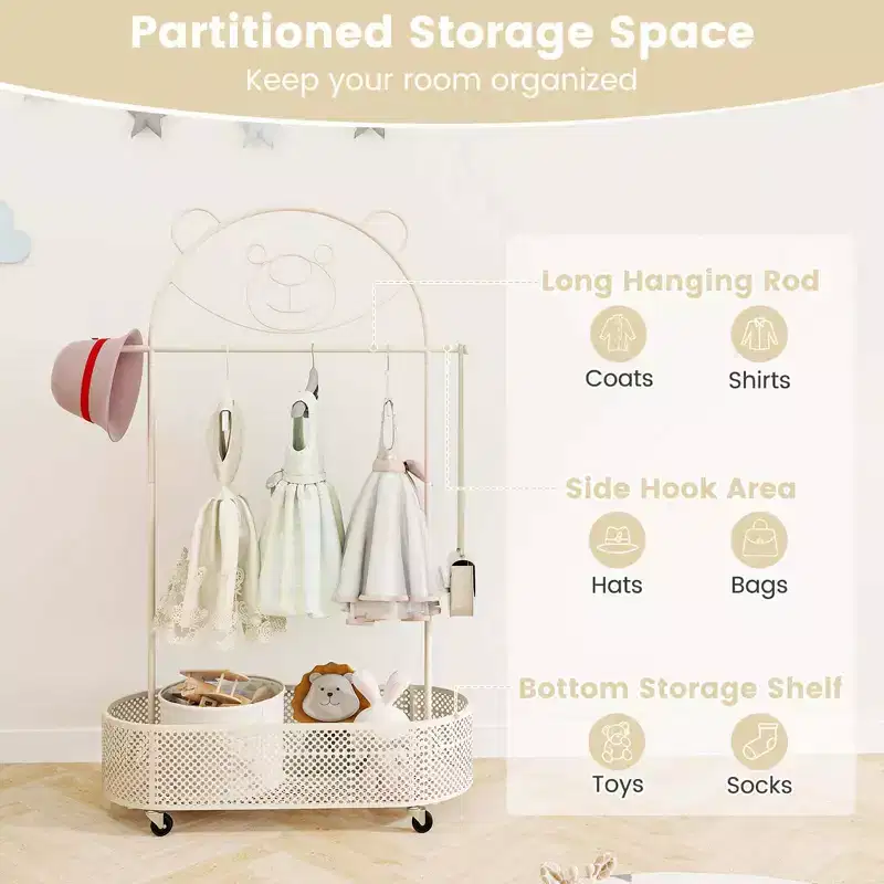 Kid Clothes Rack with 3 Adjustable Heights Home Freestanding Clothes Rack White/Pink