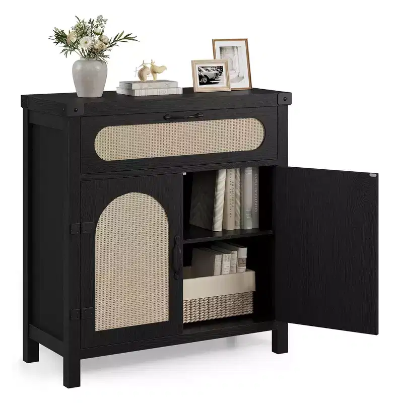 Rattan Sideboard Buffet Cabinet with Drawer, Farmhouse Boho, Natural