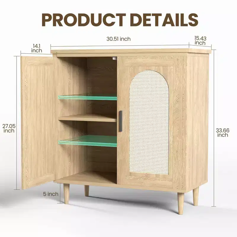 Rattan Buffet Cabinet with Storage, Sideboard Cabinet with 2 Doors and Adjustable Shelves, Boho Wood Cupboard