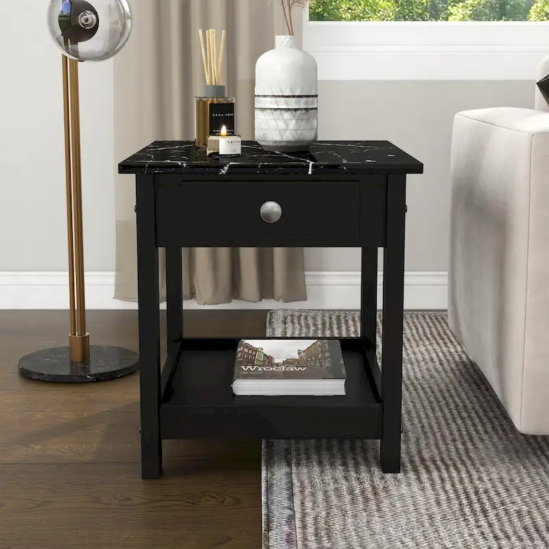 DH BASIC Transitional Rubberwood 3-Piece Open-Shelf Coffee Table and End Table Set with Drawer by Denhour