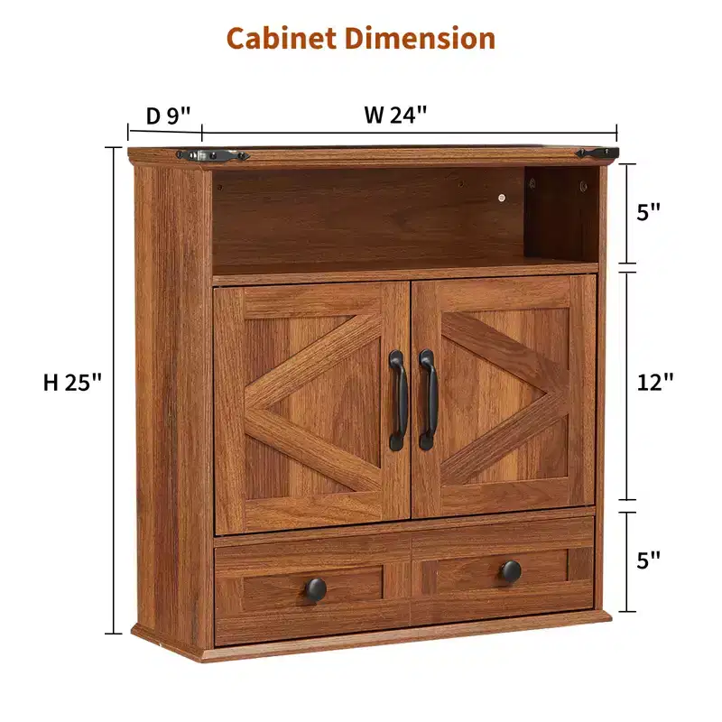 Farmhouse Bathroom Wall Cabinet with Barn Doors & Drawers, 5-Tier Wood Medicine Storage Organizer, Double Door Adjustable Shelf for Kitchen
