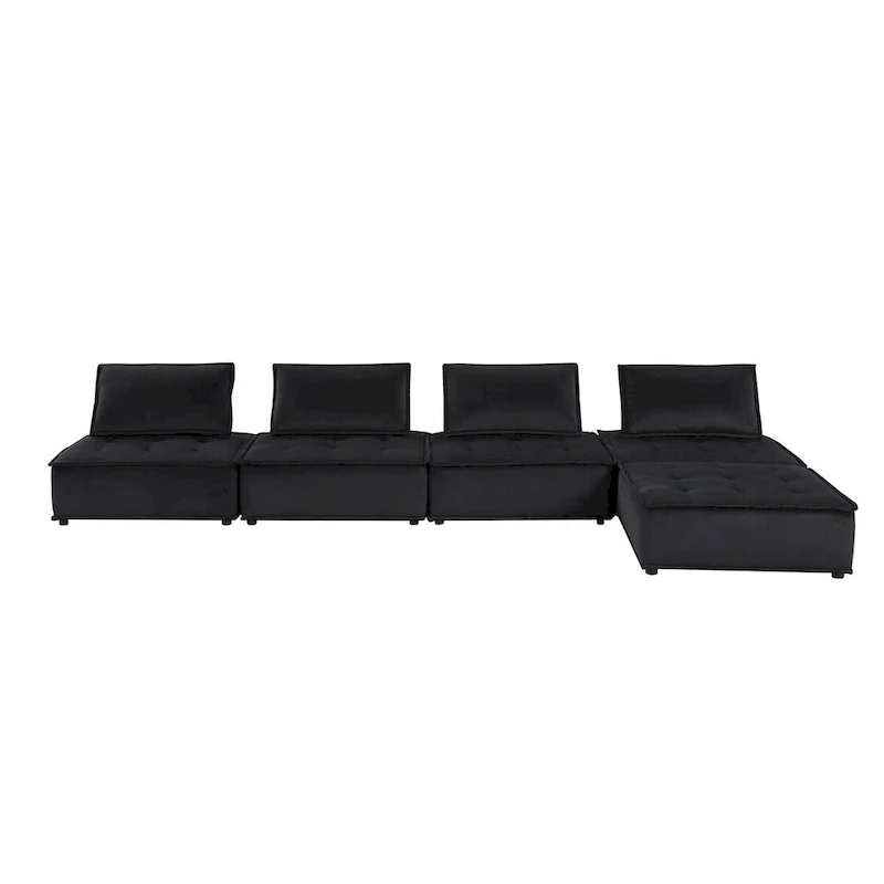 Velvet Modular Sectional Sofa with Ottoman, 5-Seat (Light Gray / Black)