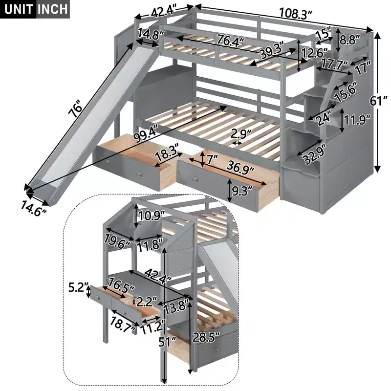 Twin Over Twin Bunk Bed with Slide, Desk, Storage Staircase & Drawers for Kids