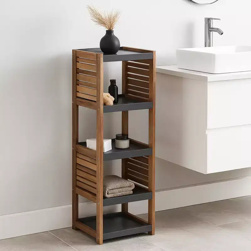 Evideco French Home Goods Bath Linen Storage Floor Shelf Elements Acacia - Gray Wood
