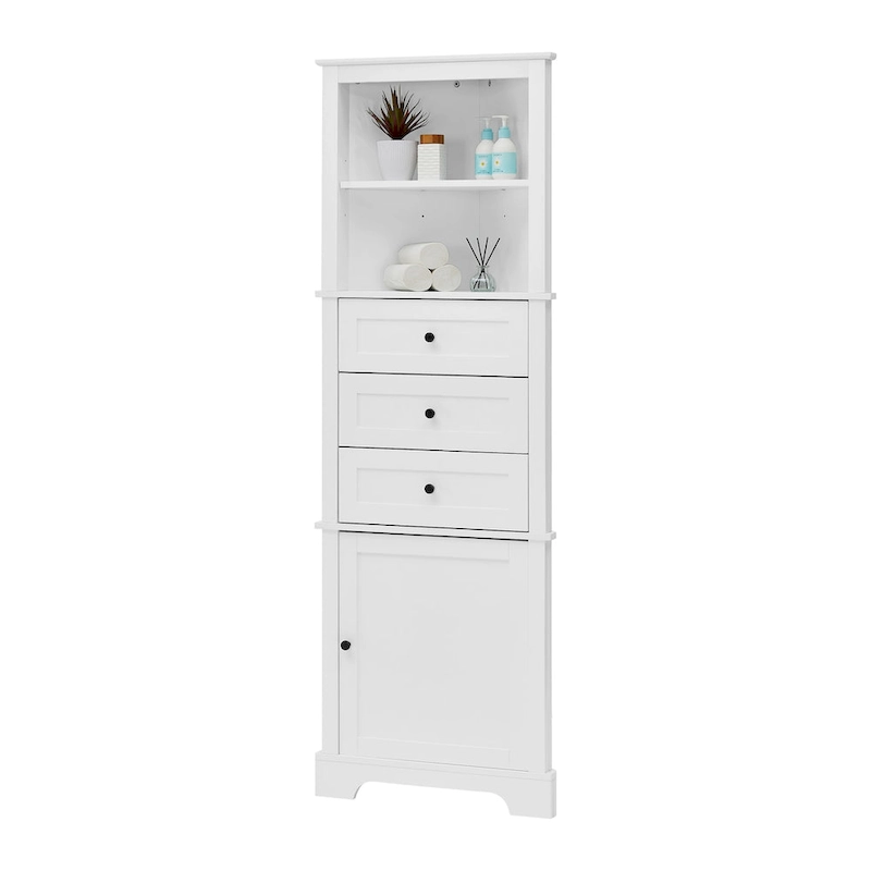 Triangle Tall Cabinet with 3 Drawers and Adjustable Shelves, MDF Board with Painted Finish