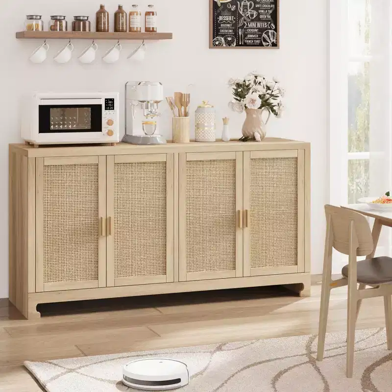61 Sideboard Buffet Cabinet, Rattan Coffee Bar Cabinet, Entryway Console Table, Multifunctional TV Stand, Floor Cupboard Cabinet for Kitchen