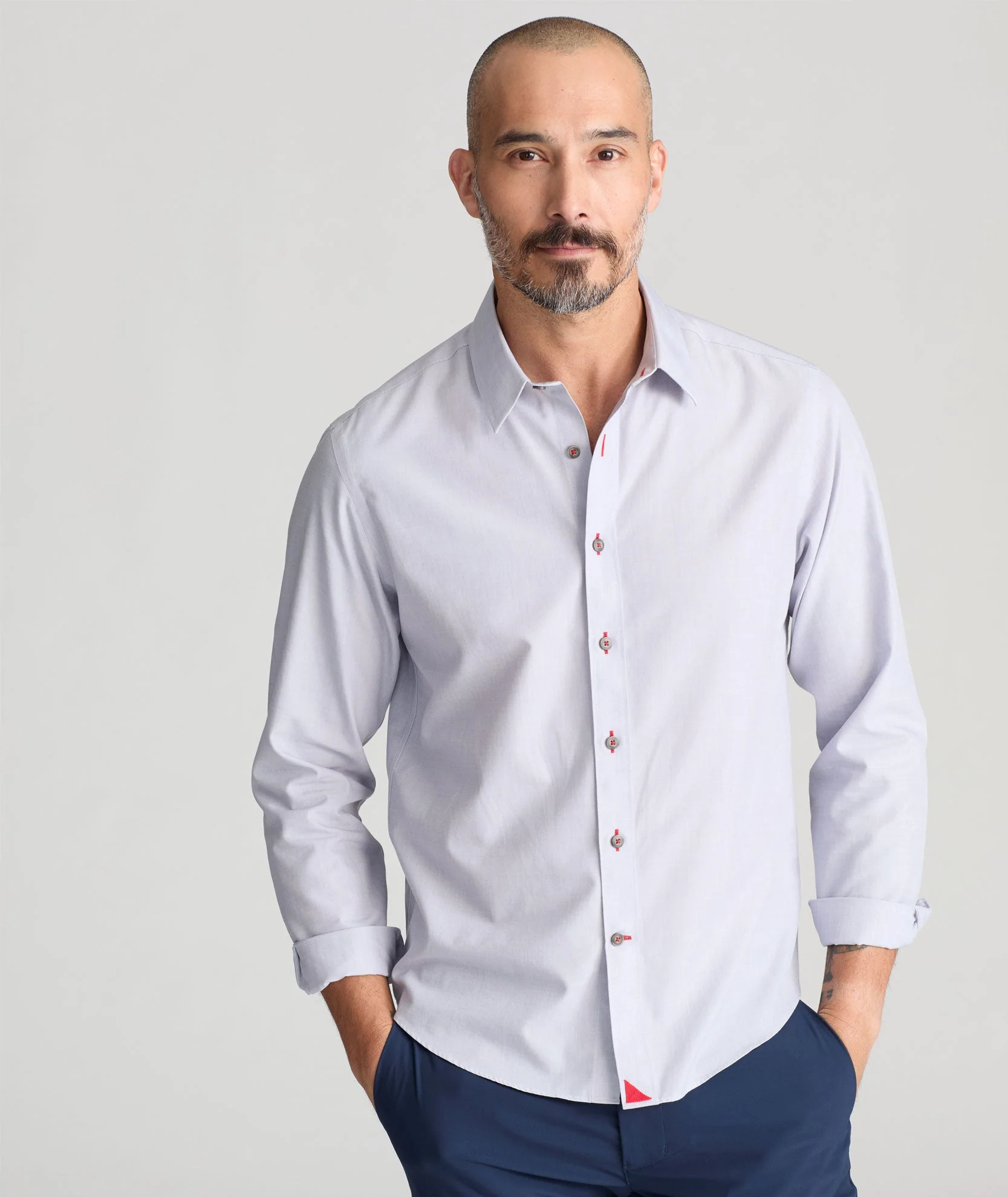Light Gray Cotton Shirt with Red Accents