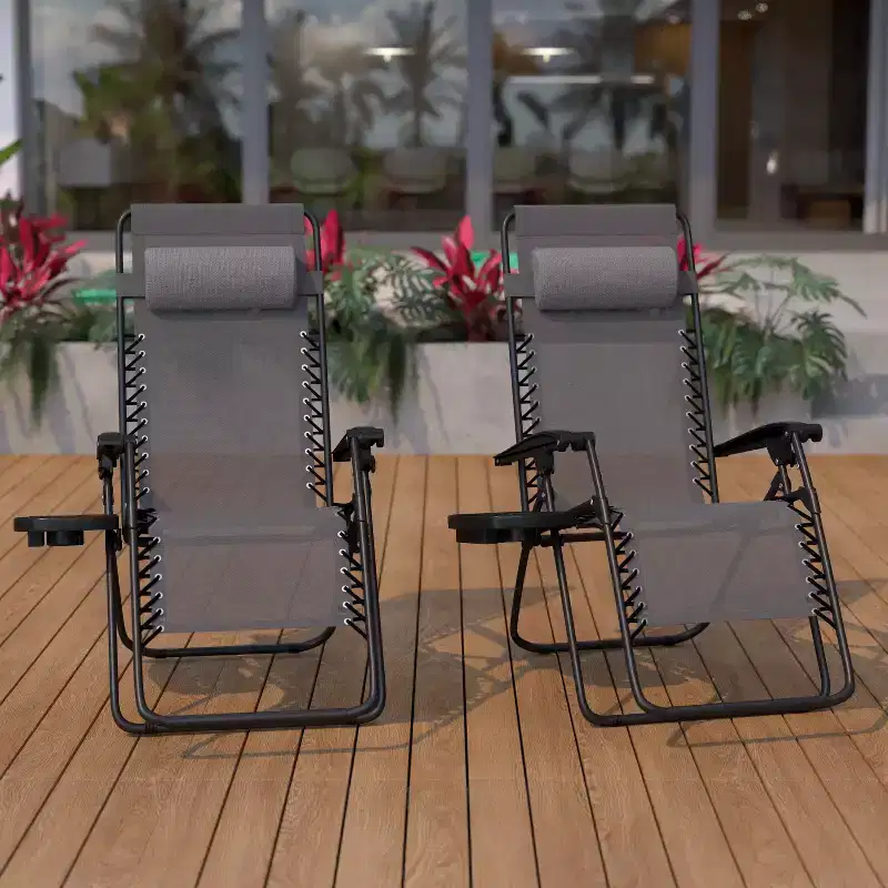 Flash Furniture Adjustable Folding Mesh Zero Gravity Reclining Lounge Chair with Pillow and Cup Holder Tray, Set of 2