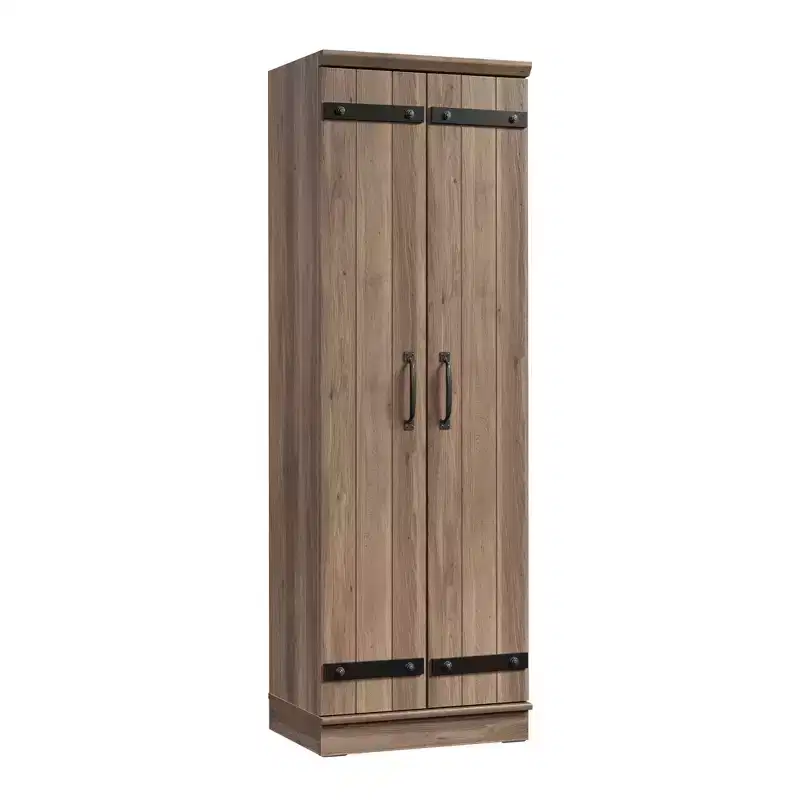 2-Door Farmhouse Storage Cabinet Salt Oak, Adjustable Shelves, MDF Frame