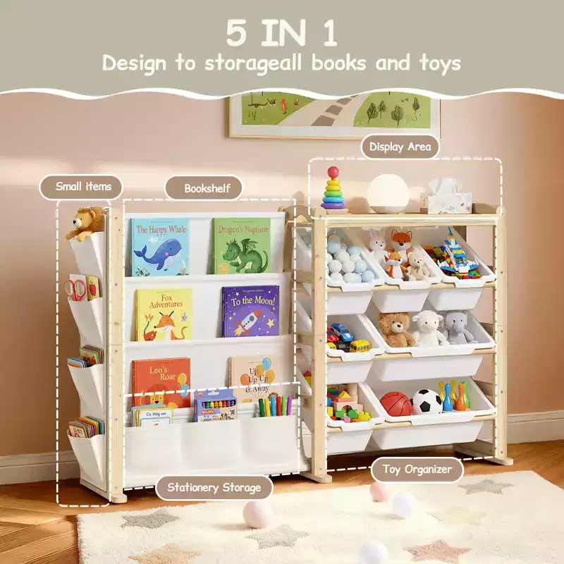 Solid Wood Toy Organizer and Bookshelf 2-in-1, Natural Pine Kids Storage Shelf with 7 Bins, Side Pockets and 4-Tier Book Rack for Playroom or Nursery