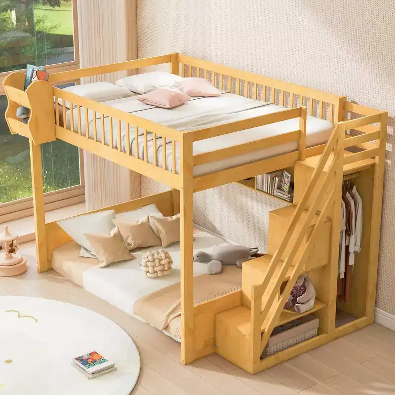 Queen Loft Bed Frame with Staircase, Wardrobe & Storage Shelves - MDF, 650 lb