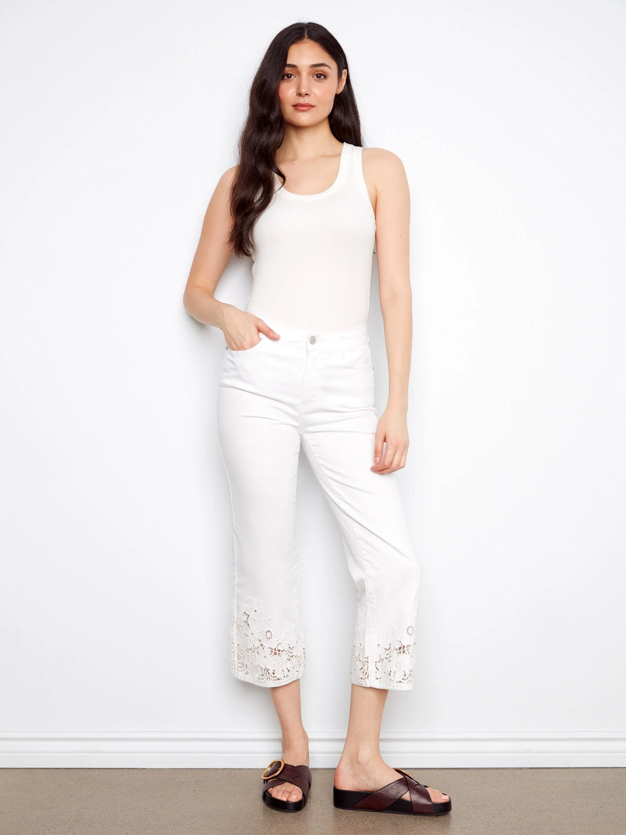 Cropped Flare Twill Jeans With Floral Lace Hem - White