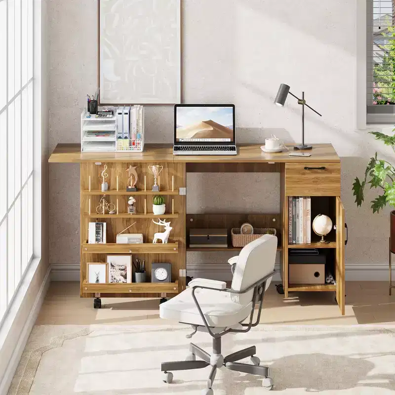 Folding Sewing Machine Table, Rolling Side Desk for Sewing Machine, Craft Station with Lockable Wheels for Home, Bedroom, Small Spaces