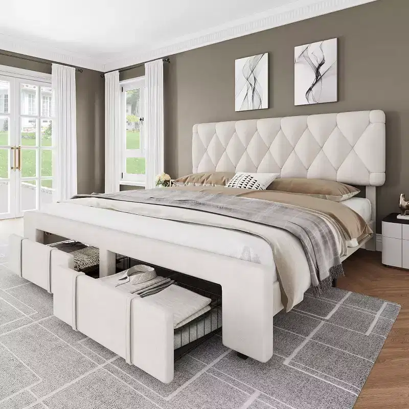 DobleePy Size Beige Upholstered Platform Bed Frame with Storage Drawers, Wooden Slats Support, No Box Spring Needed, Easy Assembly