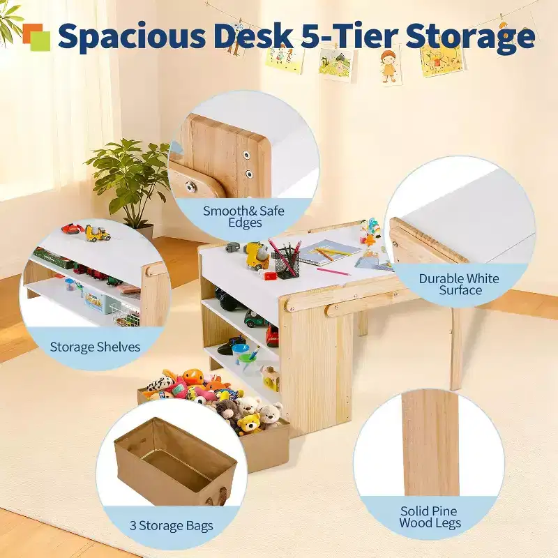 Folding Table and Chair Furniture Set, Art Table and 1 Chair Set, Craft Play Desk with 2 Storage Box, Adjustable Table for School and Home