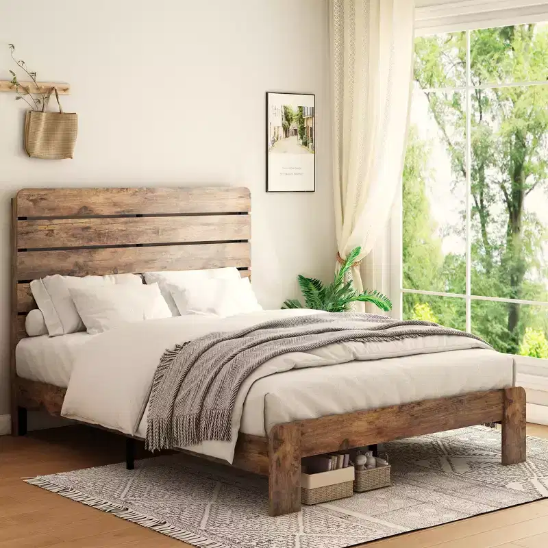 Queen Size Bed Frame, Wood Platform Bed Frame, Noise Free, Large Under Bed Storage, Dark Brown