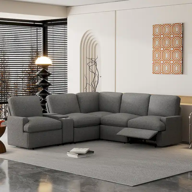Dark Grey / Beige L-Shape Power Recliner Sectional Sofa, 4-Seater