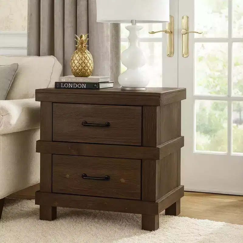 Drawer Nightstand With Metal Handle, Antique Oak