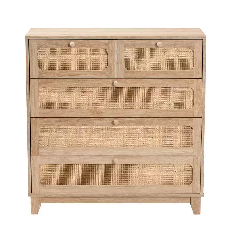 Elsbeth Wood and Natural Rattan 5 Drawer Storage Cabinet Oak Brown/Natural Brown - Baxton Studio