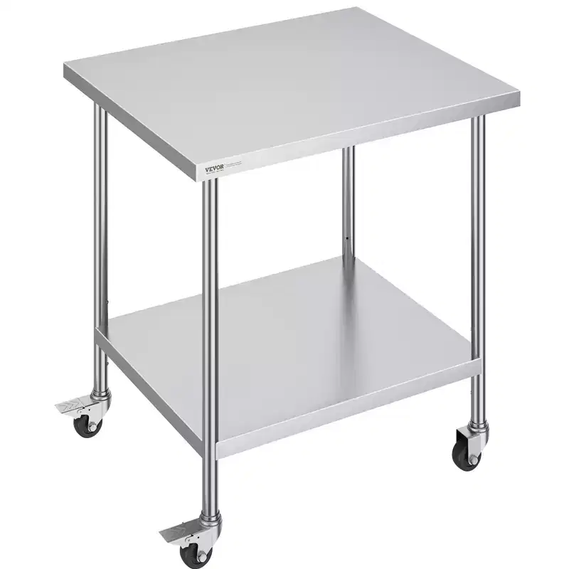 VEVOR Stainless Steel Work Table 30 x 36 x 38 Inch, with 4 Wheels, 3 Adjustable Height Levels,HeavyDuty Food Prep Worktable for Commercial Kitchen