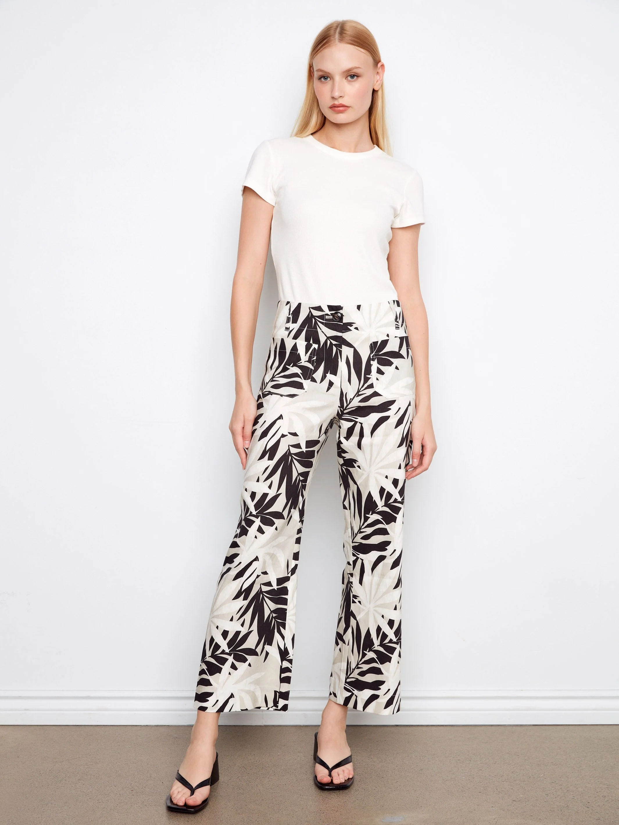 Printed Cropped Linen Blend Pants - Black & White Leaf Print