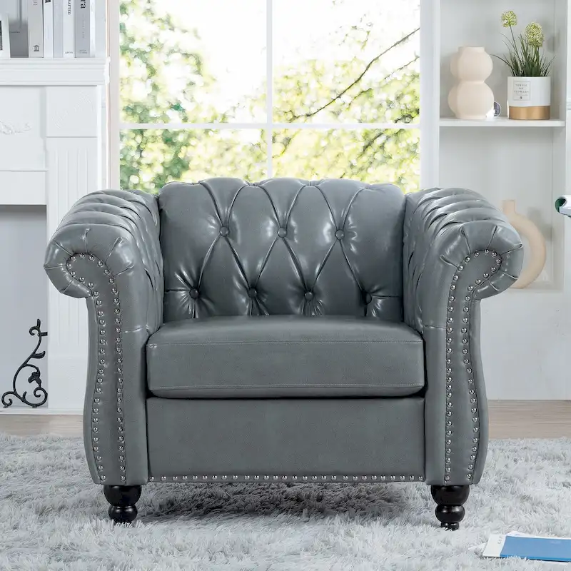 Classically Elegant 84.65 Three-Seater Rolled Arm Chesterfield Sofa in PU Leather - Sturdy Birch Legs, Soft Upholstery
