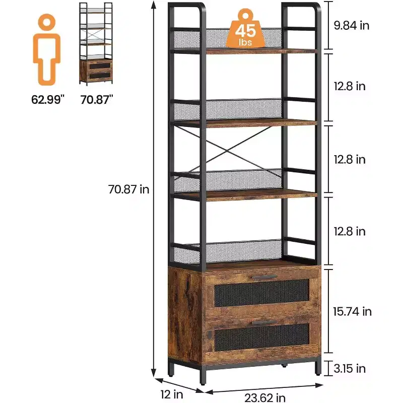 Wood 4-Tier Industrial Bookshelf with Drawers 70.9