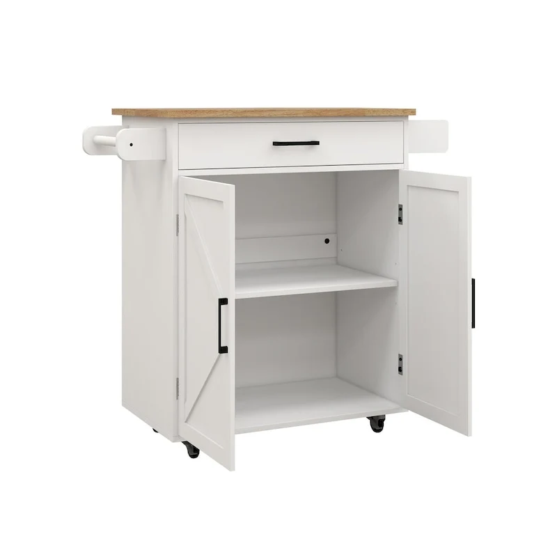 White Rubber Wood Kitchen Cart with Adjustable Shelves, Towel Rack