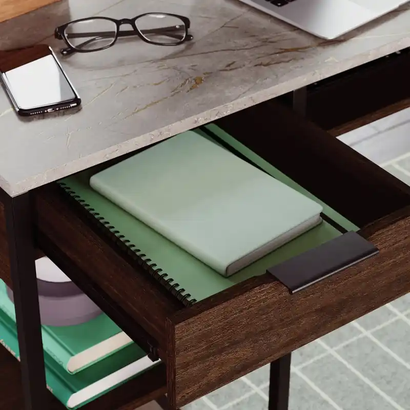 65.98 L-Shaped Office Desk with 2-Drawers, Cubbyholes & Shelves - Umber Wood