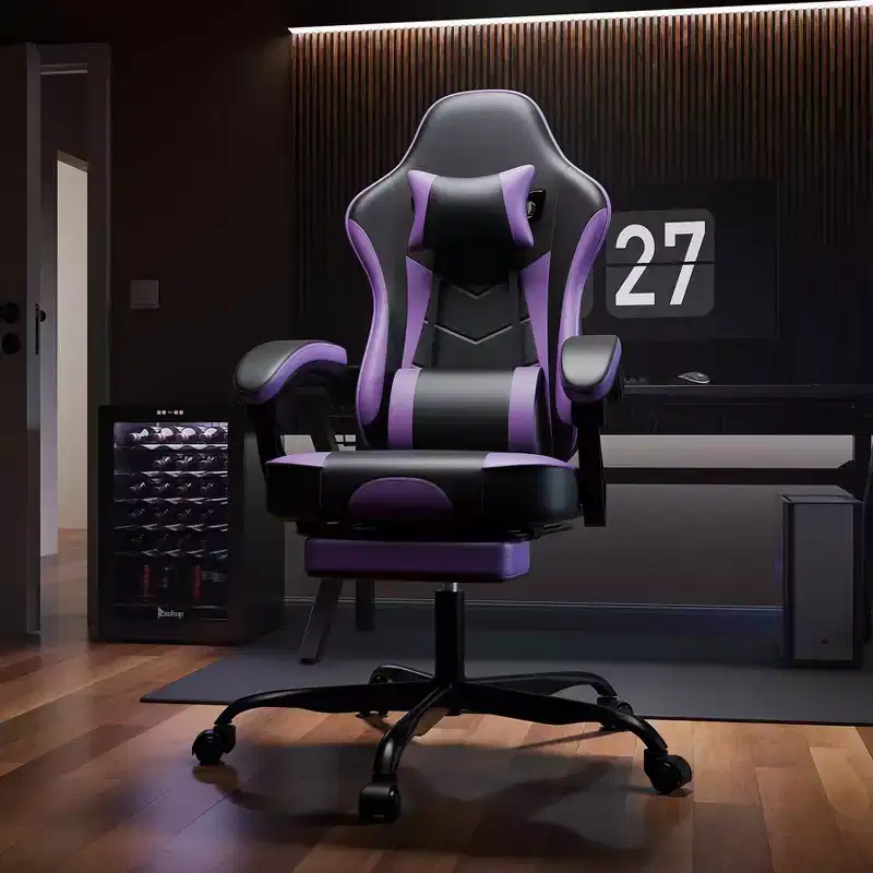 MAYEERTY Gaming Chair, Ergonomic Computer Chair with Footrest and Massage Lumbar Support, Height Adjustable Swivel Video Game Chair Purple Black