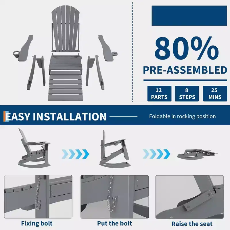 Folding Adirondack Rocking Chair Set  Outdoor Patio Rockers with Retractable Ottoman, Footrest & Cup Holder, Garden Chair for Lawn, Porch  2 Pack